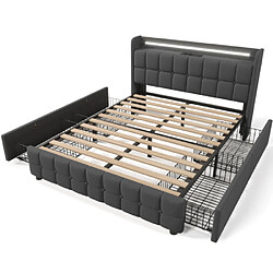Acheter modfu Lit adulte 180x200 cm avec LED, USB, prises et 4 tiroirs, lin, gris