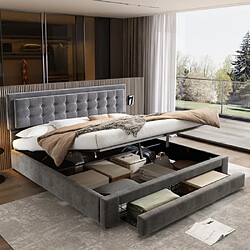 modfu Lit coffre 160x200 cm - 2 tiroirs, tissu teddy - gris