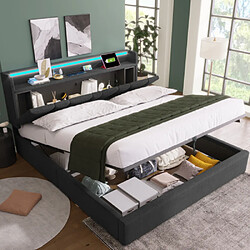 modfu Lit coffre 160x200 cm avec USB et LED, lin, gris