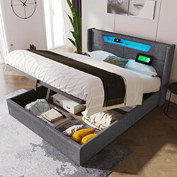 modfu Lit coffre 160x200 cm avec LED et USB-C, lin, gris