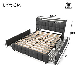 Avis modfu Lit adulte 180x200 cm avec LED, USB, prises et 4 tiroirs, lin, gris