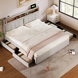 modfu Lit adulte 140x200 cm - 4 tiroirs, USB/Type-C, tête de lit de rangement - lin beige