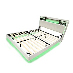 modfu Lit adulte 160x200 cm avec LED, USB, tête de lit avec rangement, lin, beige pas cher