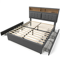 modfu Lit adulte 160x200 cm - 4 tiroirs, USB/Type-C, tête de lit de rangement - lin gris pas cher