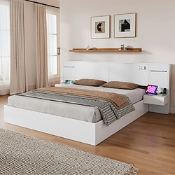 modf Lit adulte 180x200 cm avec USB et 2 tables de chevet, horloge électronique, enceinte Bluetooth, blanc