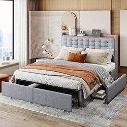 modf Lit adulte 140x200 cm avec 4 tiroirs, USB, lin, gris