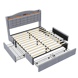 modf Lit adulte 160x200 cm - 4 tiroirs, USB - lin, gris clair pas cher
