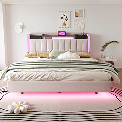 modfu Lit adulte 160x200 cm avec LED, USB, tête de lit avec rangement, lin, beige