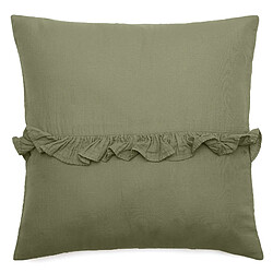 Linnea Housse de coussin collection ELZA Volant central - Housse de coussin 45x45 en mousseline de coton, finition volant central. Coloris vert mousse, aspect lavé-froissé. Fermeture rabat portefeuille, déhou