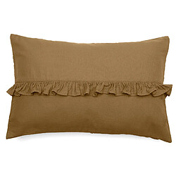 Linnea Housse de coussin collection ELZA Volant central - Housse de coussin 40x60 en mousseline de coton, finition volant central et coloris marron foin. Aspect lavé-froissé, 250 g/m2, fermeture rabat portefe