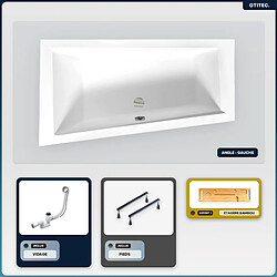 BESCO Baignoire asymétrique - 150 x 85 cm - Gauche - sans Habillage - avec Pieds - Étagère bambou - Vidage Chrome - INTIMA