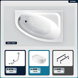 BESCO Baignoire asymétrique - 140 x 80 cm - Droite - avec Tablier Blanc - Pieds - Vidage Chrome - CORNEA