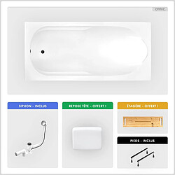 BESCO Baignoire rectangulaire - 150 x 70 cm - sans Habillage - avec Pieds - Repose-tête - Étagère bambou - Vidage Chrome - BONA