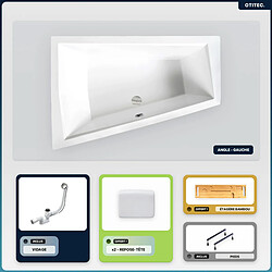 BESCO Baignoire asymétrique - 180 x 125 cm - Gauche - sans Habillage - avec Pieds - 2 Repose-têtes - Étagère bambou - Vidage Chrome - INTIMA DUO