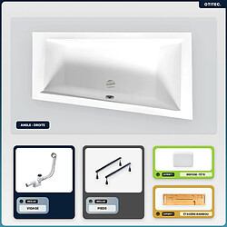 BESCO Baignoire asymétrique - 150 x 85 cm - Droite - sans Habillage - avec Pieds - Repose-tête - Étagère bambou - Vidage Chrome - INTIMA