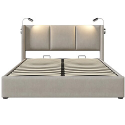 modfu Lit coffre 140x200 cm avec lampe, USB, lin, beige pas cher