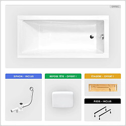 BESCO Baignoire rectangulaire - 140 x 70 cm - sans Habillage - avec Pieds - Repose-tête - Étagère bambou - Vidage Chrome - MODERN