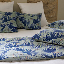 Linnea Housse de coussin 45x45 cm lin lavé motif végétal PALAWAN bleu Indigo
