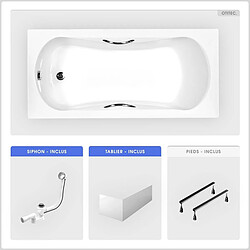 BESCO Baignoire rectangulaire - 150 x 70 cm - avec Tablier Blanc - Pieds - Poignées - Vidage Chrome - ARIA PLUS