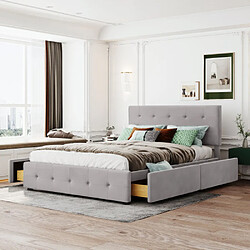 modf Lit adulte 140x200 cm avec 4 tiroirs, velours, gris