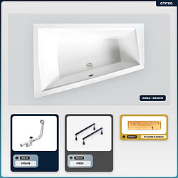 BESCO Baignoire asymétrique - 180 x 125 cm - Gauche - sans Habillage - avec Pieds - Étagère bambou - Vidage Chrome - INTIMA DUO