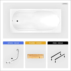 BESCO Baignoire rectangulaire - 160 x 70 cm - sans Habillage - avec Pieds - Étagère bambou - Vidage Chrome - BONA