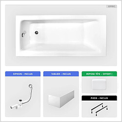 BESCO Baignoire rectangulaire - 160 x 75 cm - avec Tablier Blanc - Pieds - Poignées - Repose-tête - Vidage Chrome - TALIA PREMIUM