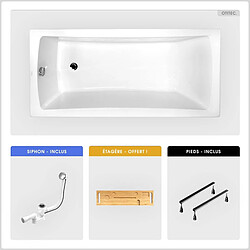 BESCO Baignoire rectangulaire - 150 x 70 cm - sans Habillage - avec Pieds - Étagère bambou - Vidage Chrome - OPTIMA