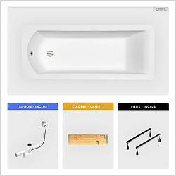 BESCO Baignoire rectangulaire - 160 x 70 cm - sans Habillage - avec Pieds - Étagère bambou - Vidage Chrome - SHEA