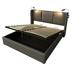 Acheter modfu Lit coffre 140x200 cm avec lampe, USB, PU, gris
