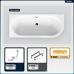 BESCO Baignoire asymétrique - 150 x 75 cm - Gauche - sans Habillage - avec Pieds - Étagère bambou - Vidage Chrome - AVITA