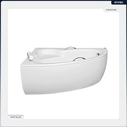 BESCO Baignoire asymétrique - 150 x 100 cm - Gauche - avec Tablier - Pieds - Poignées - Repose-tête - Vidage Chrome - NATALIA PREMIUM