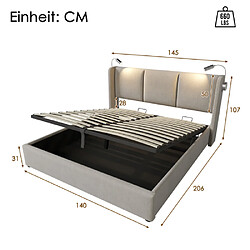 Avis modfu Lit coffre 140x200 cm avec lampe, USB, lin, beige