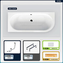 BESCO Baignoire asymétrique - 150 x 75 cm - Gauche - sans Habillage - avec Pieds - Repose-tête - Étagère bambou - Vidage Chrome - AVITA