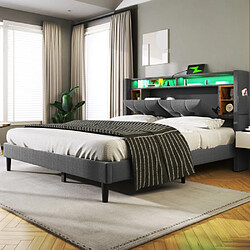 modf Lit adulte 140x200 cm avec tête de lit de rangement, USB, LED, gris
