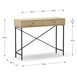Pegane Meuble console, table de console avec 2 tiroirs aspect bois coloris chêne et pieds en métal noir - Longueur 110 x Profondeur 35 x Hauteur 85 cm