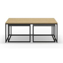 Pegane Set de 3 tables basses, tables de salon aspect bois coloris chêne, ciment et métal coloris noir