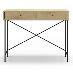 Pegane Meuble console, table de console avec 2 tiroirs aspect bois coloris chêne et pieds en métal noir - Longueur 110 x Profondeur 35 x Hauteur 85 cm