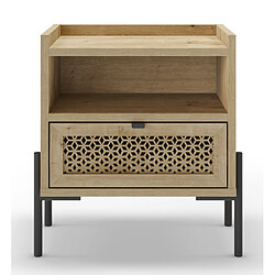 Pegane Table de nuit, table de chevet avec 1 tiroir aspect bois coloris chêne et pieds en métal noir - Longueur 48,9 x Profondeur 35 x Hauteur 52,60 cm