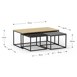Pegane Set de 3 tables basses, tables de salon aspect bois coloris chêne, ciment et métal coloris noir