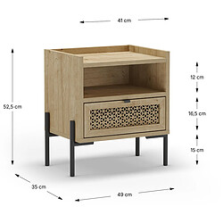Pegane Table de nuit, table de chevet avec 1 tiroir aspect bois coloris chêne et pieds en métal noir - Longueur 48,9 x Profondeur 35 x Hauteur 52,60 cm