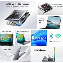 Ordinateur Portable CHUWI CoreBook Plus - Écran IPS 16 Pouces 1920x1200 - Processeur AMD Ryzen 5 7430U 6 Cœurs - 16 Go RAM 512 Go SSD - Wi-Fi 6