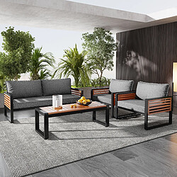 OKWISH Salon de jardin 4 pièces en fer galvanisé avec bois–Gris