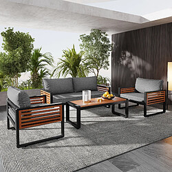 OKWISH Salon de jardin 4 pièces en fer galvanisé avec bois–Gris