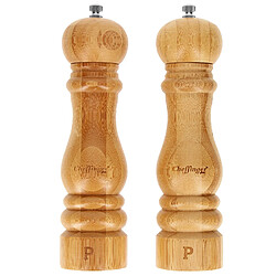 Cheffinger Set de 2 Moulins Sel et Poivre en Bambou naturel Broyeur Réglable Marron / Beige