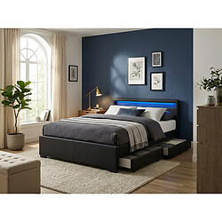 Homy France Lit 2 places 140x190 cm noir avec tiroirs LED sommier inclus