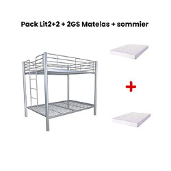 Homy France Pack Lit superposé en métal gris + matelas compris 4 places 2+2 COLOSSE 140x190 cm sommier inclus