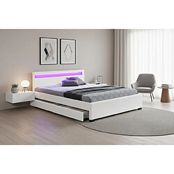 Homy France Lit adulte 2 places 140x190 cm blanc avec tiroirs LED sommier inclus pas cher