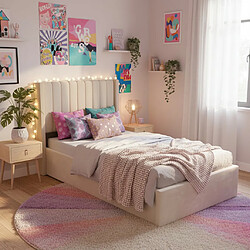 Homy France Lit coffre velours beige sommier relevable 90x190 cm CAMILLE