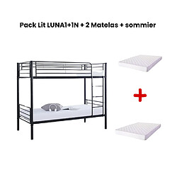 Homy France Pack : Lit superposé + Matelas compris Séparable métal LUNA 1+1 90x190 cm sommier inclus noir